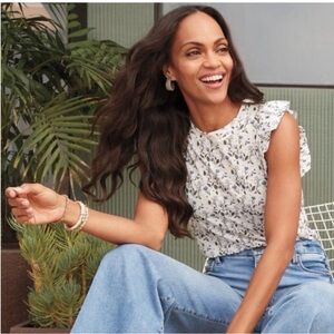 Nation LTD Paulette Ruffle Tank White Blue Size Large